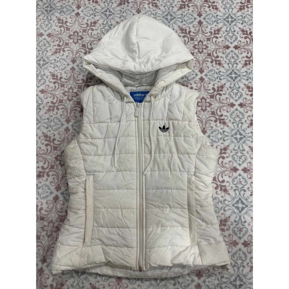 Adidas Originals Womens White Quilted Hooded Puffer Vest Trefoil Logo Size XS